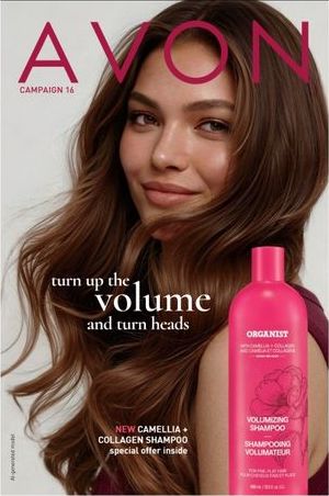 Avon USA Campaign 16 2026 Brochure: turn up the volume and turn heads – CAMELLIA + COLLAGEN SHAMPOO